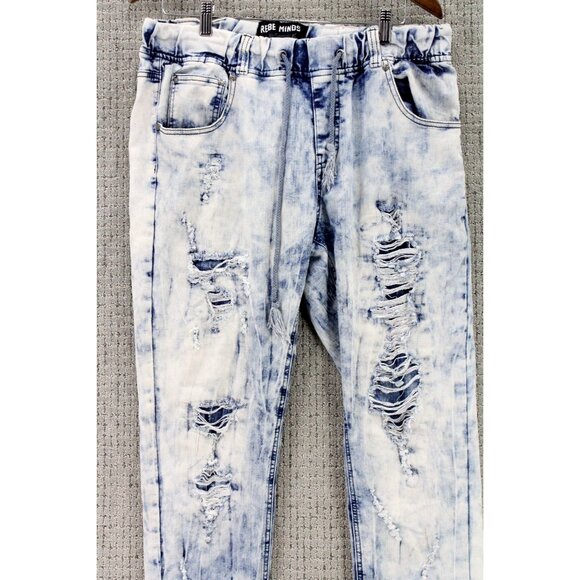 REBEL MINDS Jeans Mens Large L Blue Light Washed Distressed Stretch Slim Style - Picture 3 of 8
